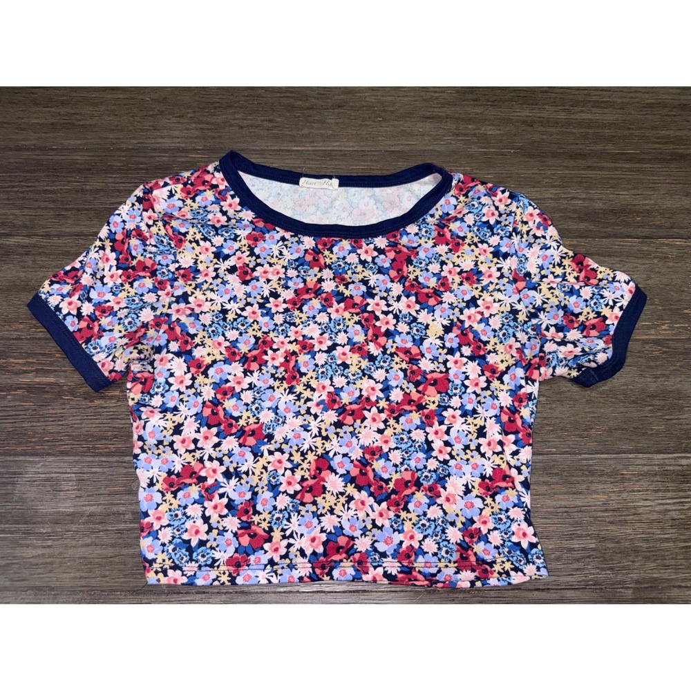 Heart & Hips Floral Ringer Tee Short Sleeve Crop Top Navy Blue Multi Color M
